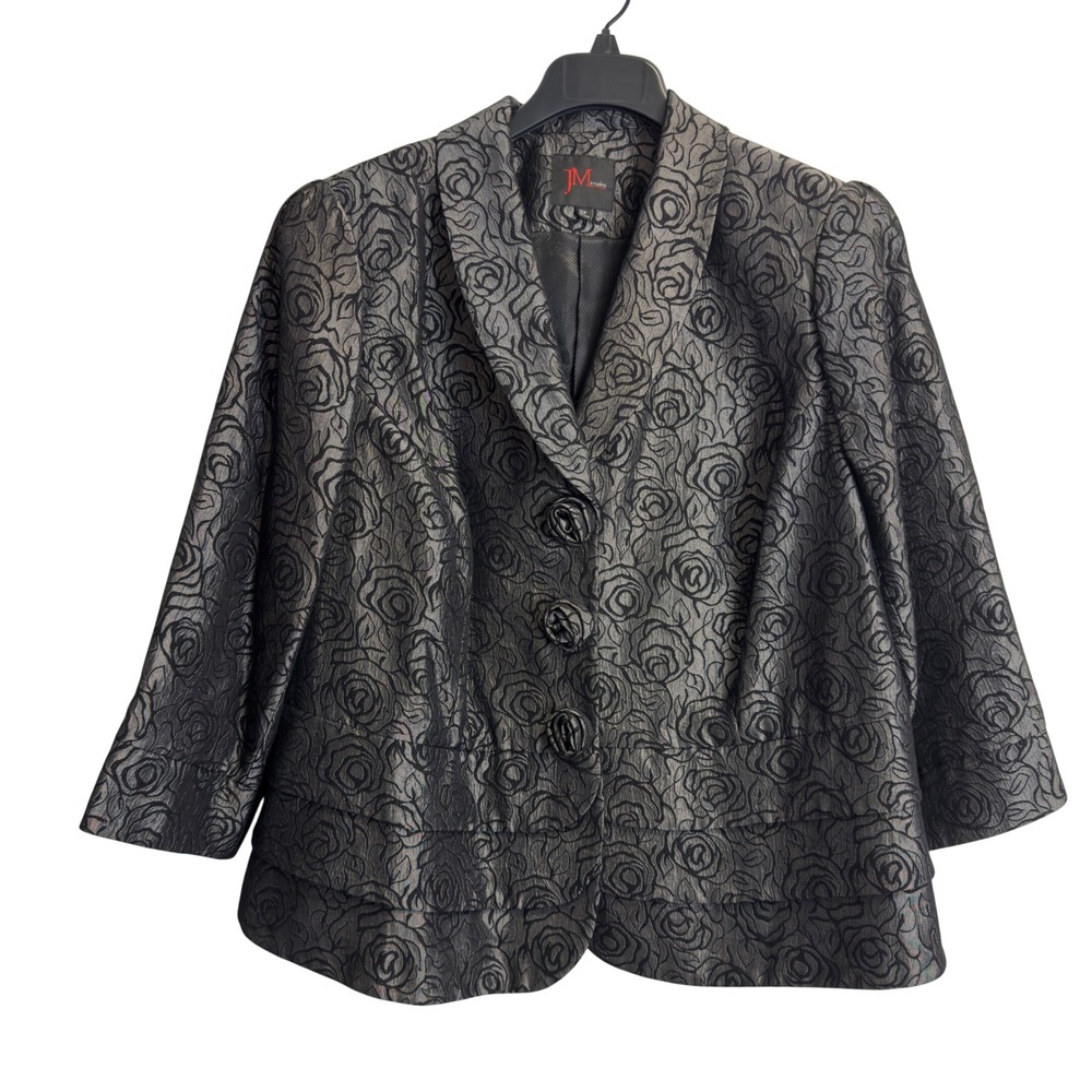 JM Studio Womens 20W Metallic Silver Black Floral Jacquard Rosette Blazer Jacket